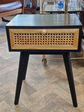 Retro Black side Table with Rattan Drawer