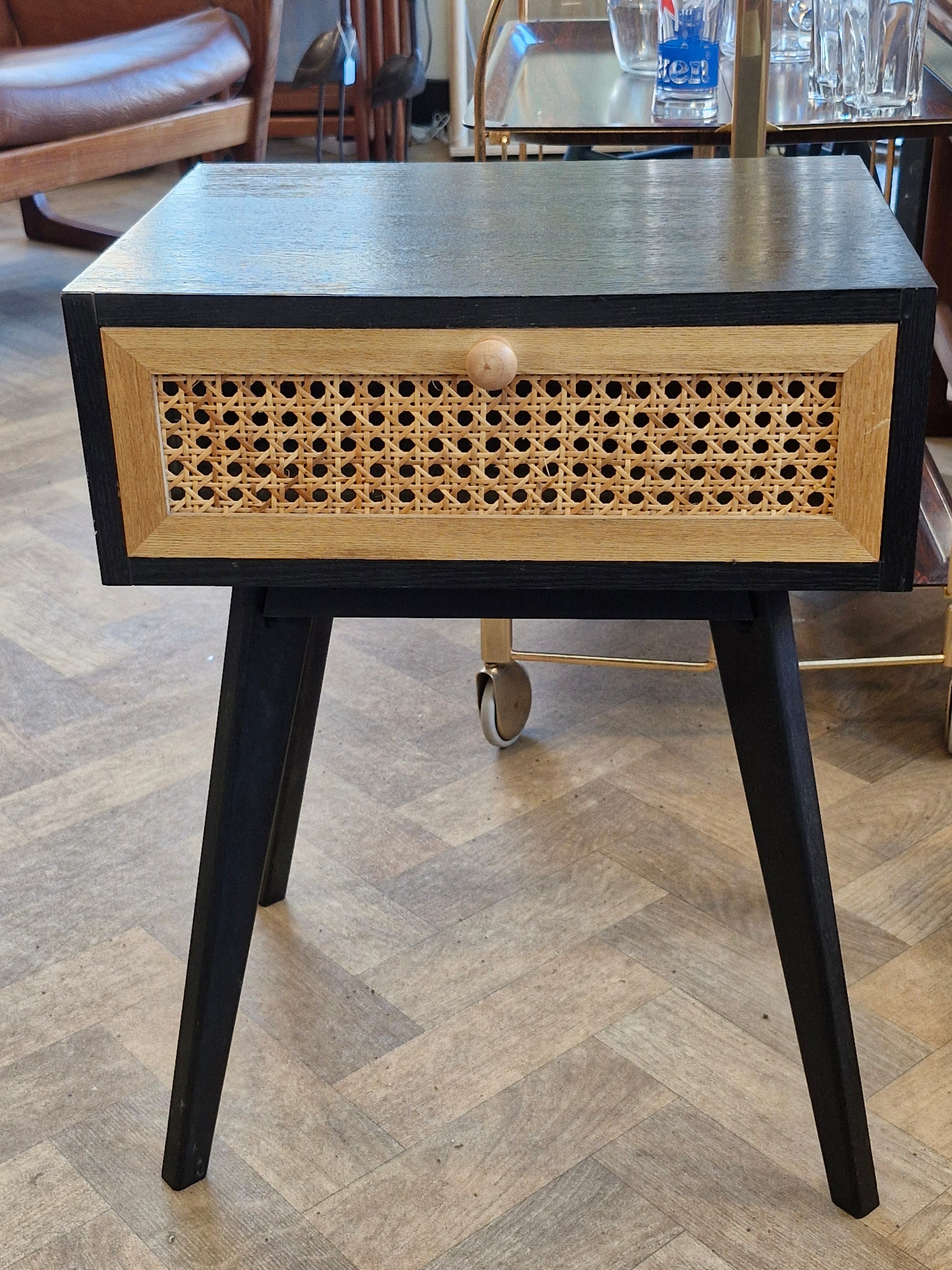 Retro Black side Table with Rattan Drawer