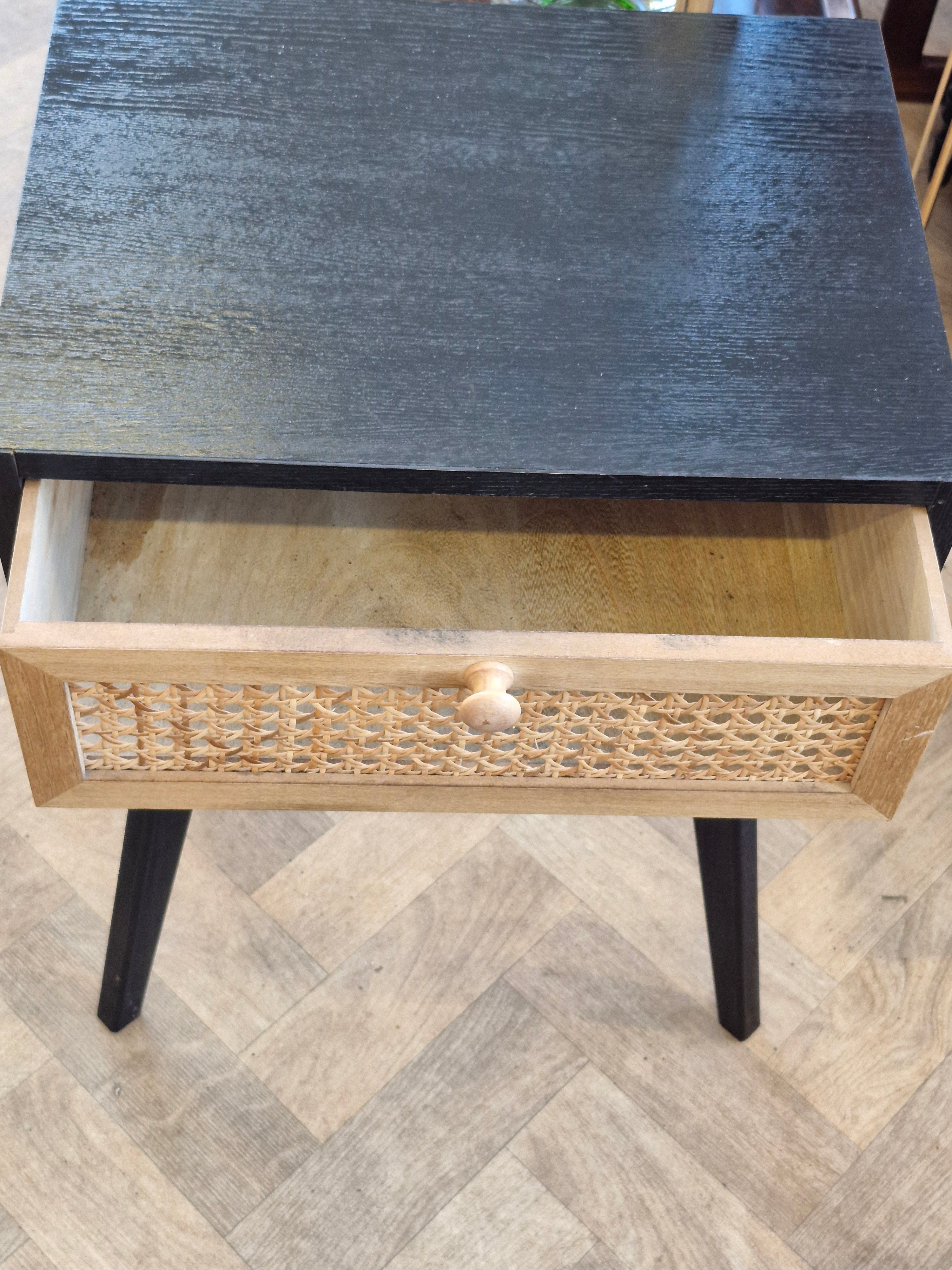 Retro Black side Table with Rattan Drawer
