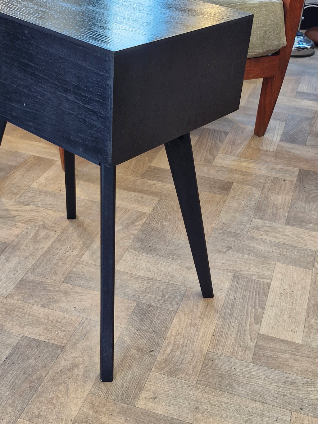 Retro Black side Table with Rattan Drawer